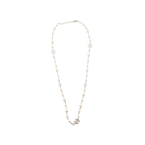 Chanel Pearl and CC with Crystal Long Necklace Silver Tone