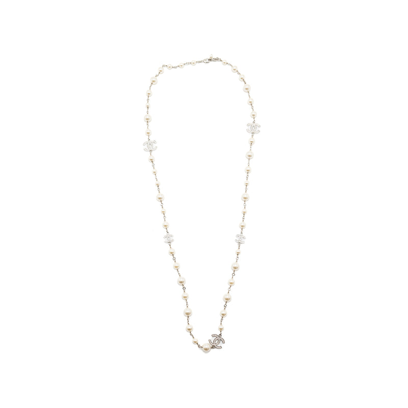 Chanel Pearl and CC with Crystal Long Necklace Silver Tone