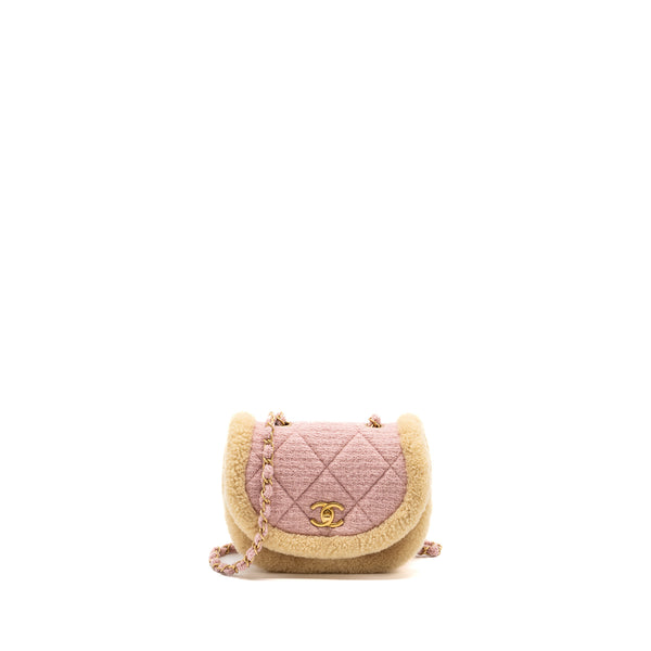 Chanel 22K Cozy coco round flap bag tweed/ shearling Pink GHW(microchip)