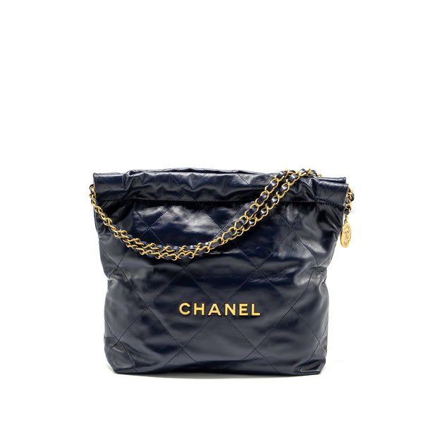 Chanel Small 22 bag calfskin dark blue GHW (microchip)