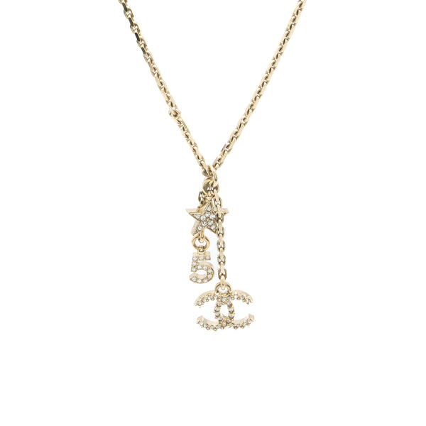Chanel No.5/Star/CC Logo Dropped Crystal Necklace Light Gold Tone