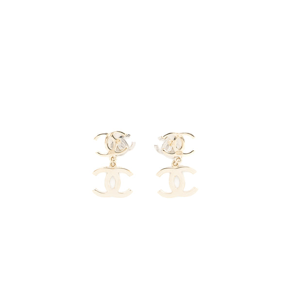 Chanel Double CC with CC Drop Earrings Crystal Light Gold Tone