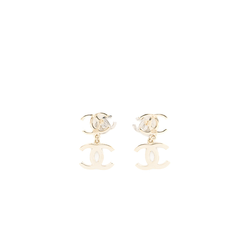 Chanel Double CC with CC Drop Earrings Crystal Light Gold Tone
