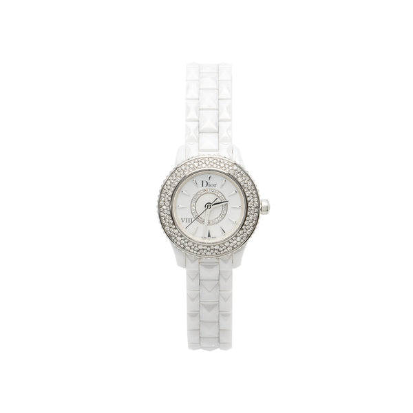 Dior VIII Watch Ceramic Diamonds 28mm Quartz White Dial CD1221E4C001
