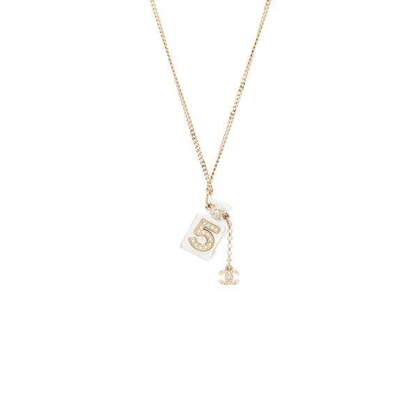 Chanel No.5 Perfume Bottle Long Necklace Light Gold Tone