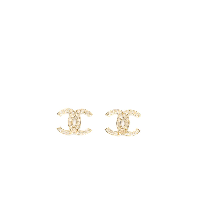 Chanel CC Logo Earrings Crystal Light Gold Tone