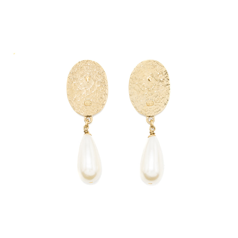 Chanel CC Logo Earrings Pearl Dropped Crystal Gold Tone