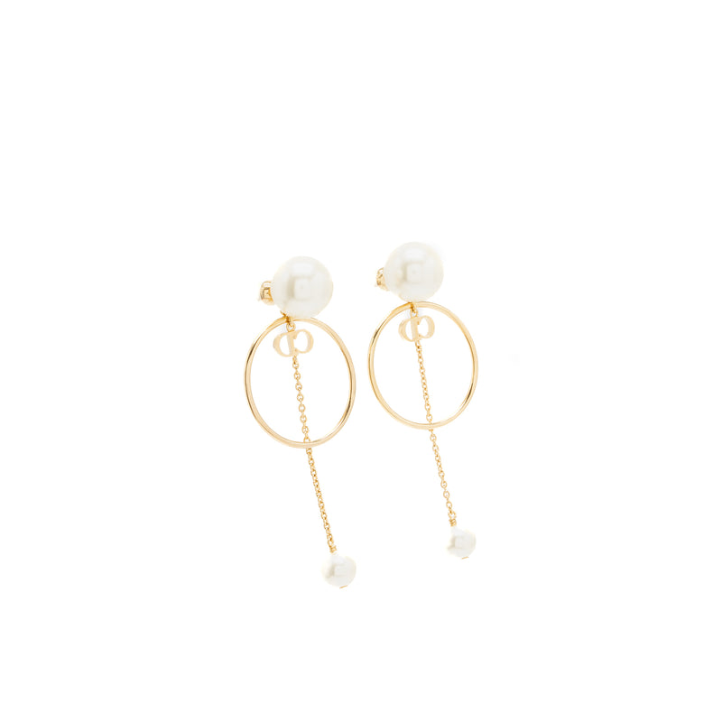 Dior CD Logo Round Drop Earrings Pearl Gold Tone