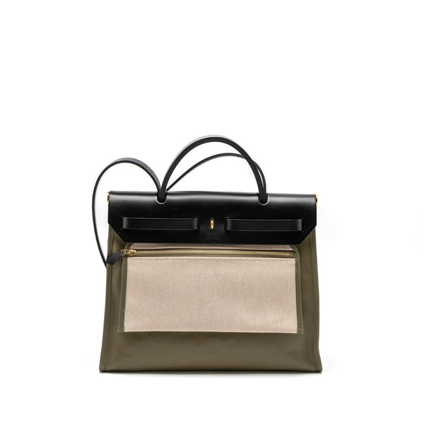 Hermes Herbag 31 Zip Bag Tolie H Berline Canvas/Vache Hunter Lichen/Ecru-Beige/Black GHW Stamp Z