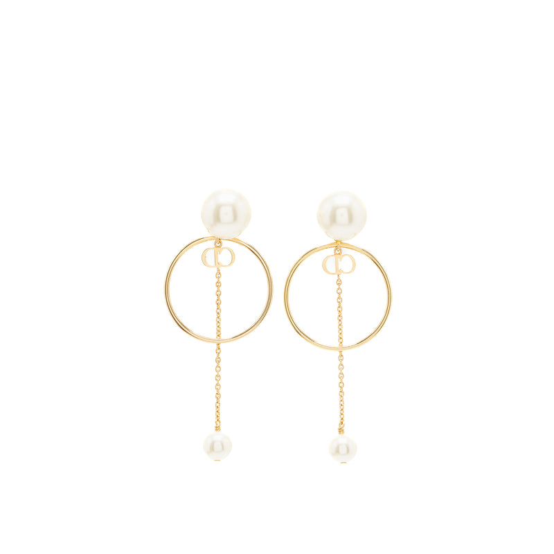 Dior CD Logo Round Drop Earrings Pearl Gold Tone