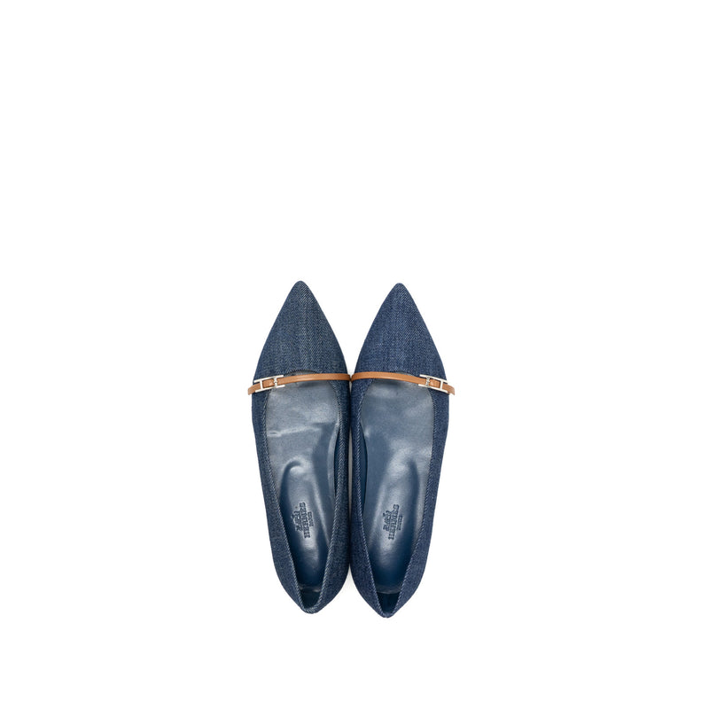Hermes Size 37 Lauren Ballerina Flats Blue Denim SHW