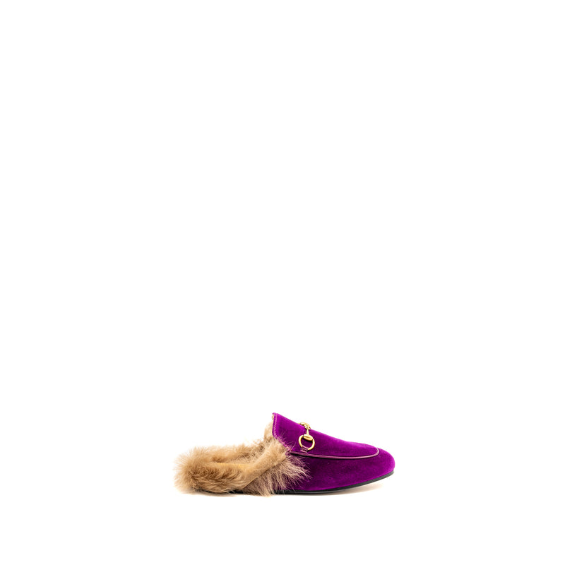 GUCCI Size 35 Horsebit Princetown Fur Slipper Velvet Purple GHW