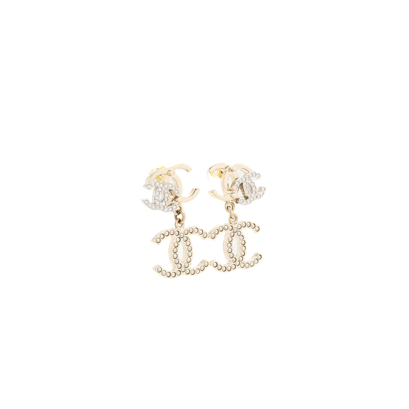 Chanel Double CC with CC Drop Earrings Crystal Light Gold Tone