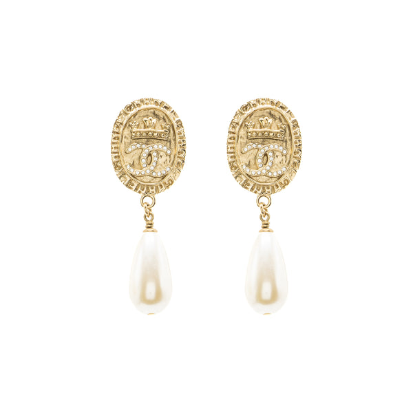 Chanel CC Logo Earrings Pearl Dropped Crystal Gold Tone