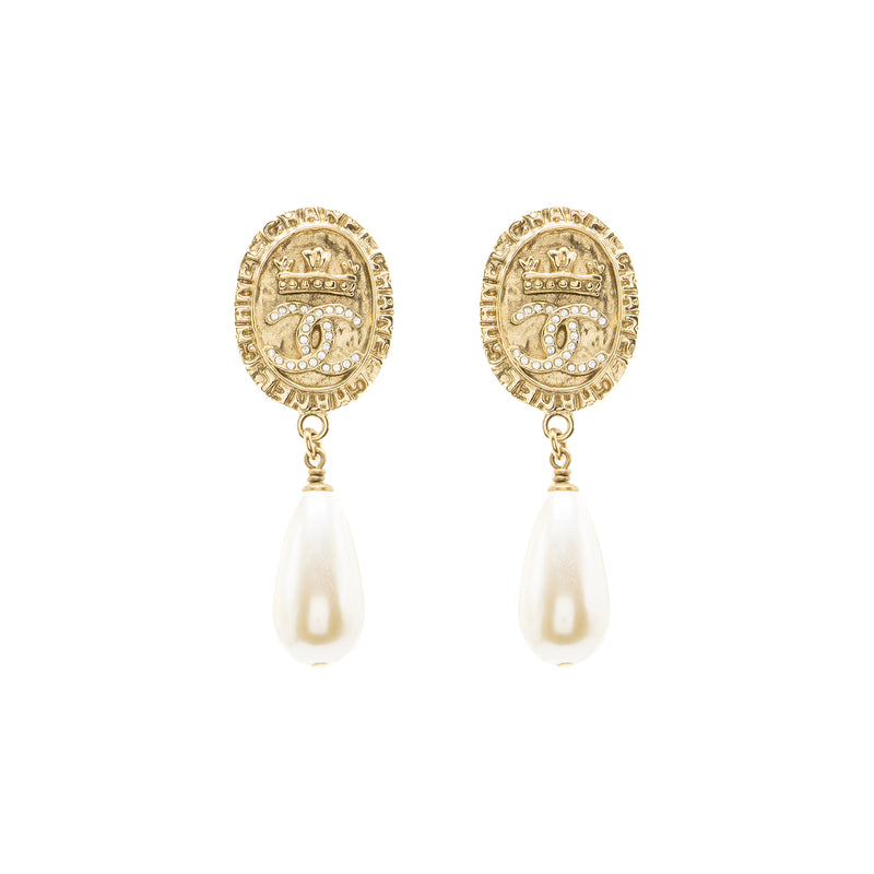 Chanel CC Logo Earrings Pearl Dropped Crystal Gold Tone