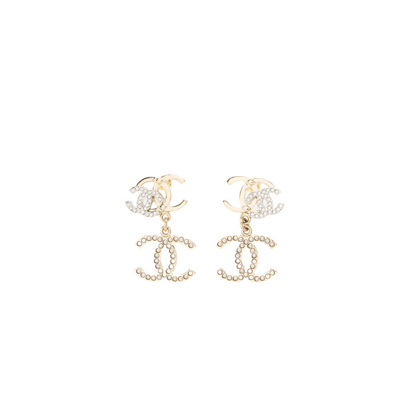 Chanel Double CC with CC Drop Earrings Crystal Light Gold Tone