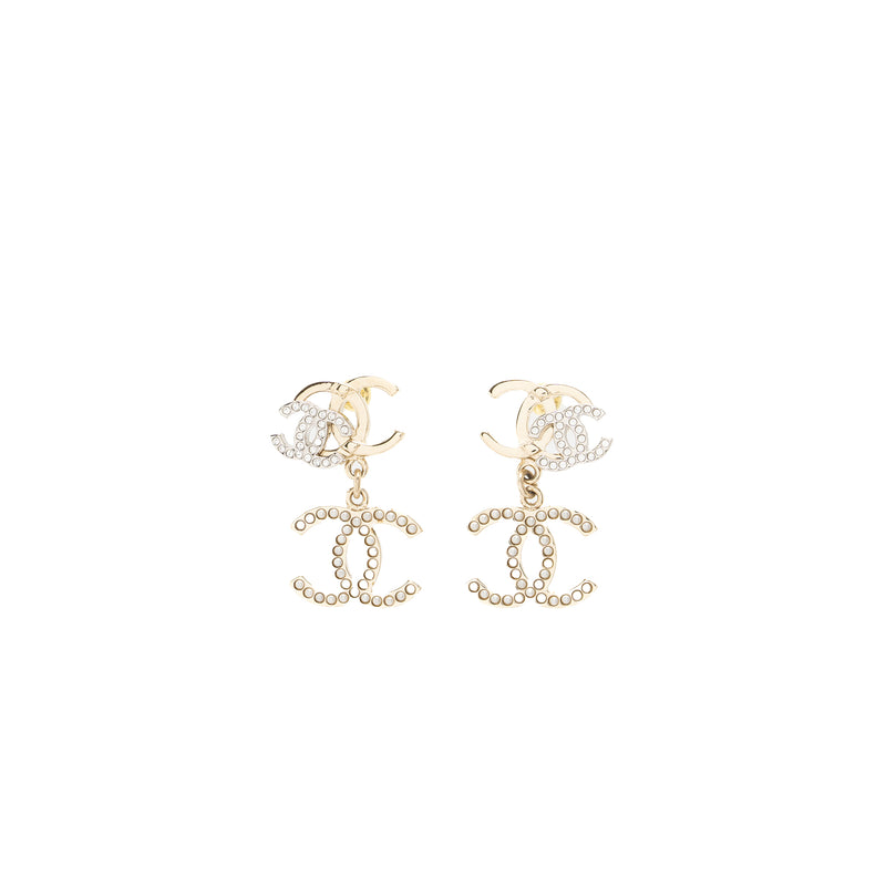 Chanel Double CC with CC Drop Earrings Crystal Light Gold Tone