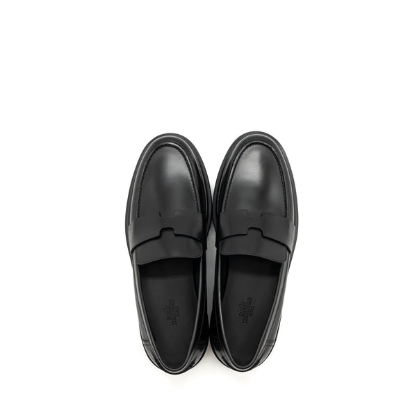 Hermes Size 38 Mocassins Hitch Loafer glacéd calfskin Black