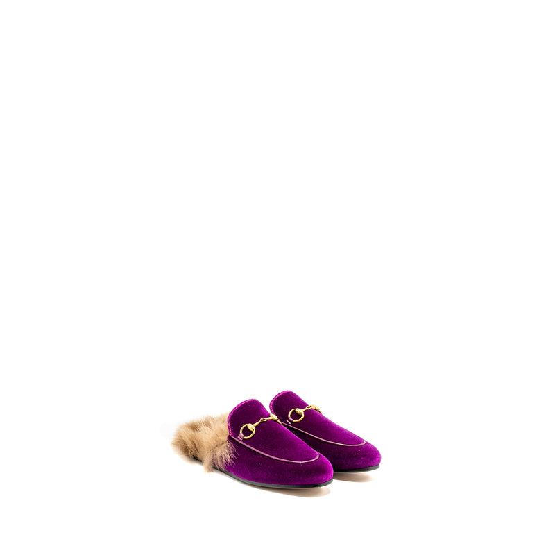 GUCCI Size 35 Horsebit Princetown Fur Slipper Velvet Purple GHW