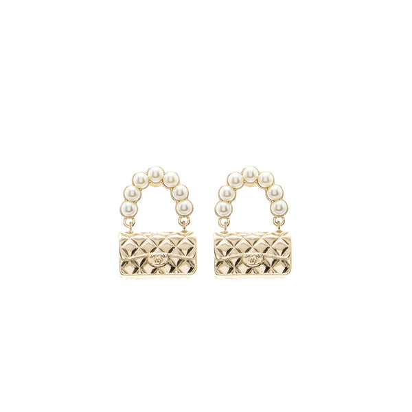Chanel Flap Bag Dropped Earrings Pearl Light Gold Tone