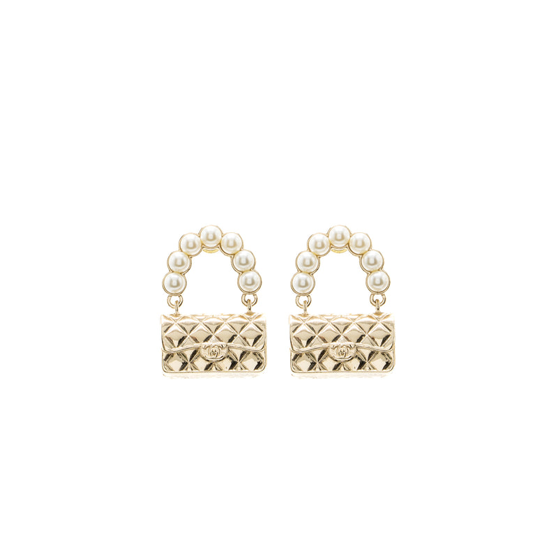 Chanel Flap Bag Dropped Earrings Pearl Light Gold Tone