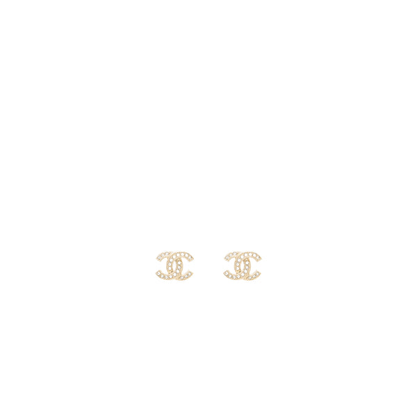 Chanel Classic CC Logo Earrings Crystal Light Gold Tone