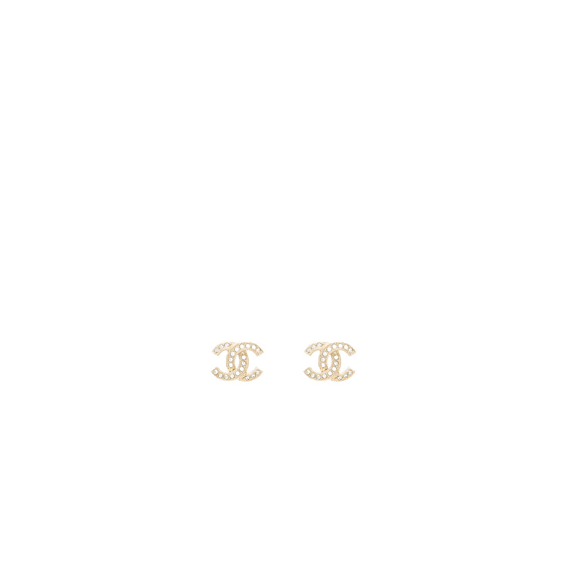 Chanel Classic CC Logo Earrings Crystal Light Gold Tone