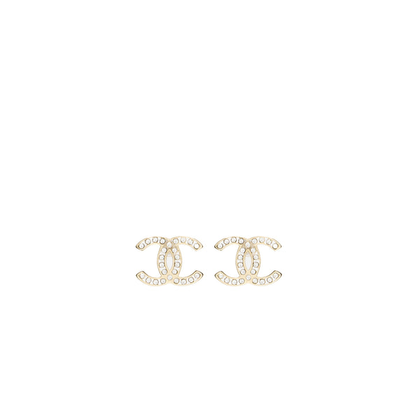 Chanel CC Logo Earrings Crystal Light Gold Tone