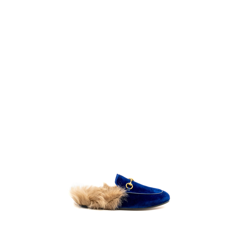 Gucci Size 36.5 Horsebit Princetown Fur Slipper Velvet Blue GHW