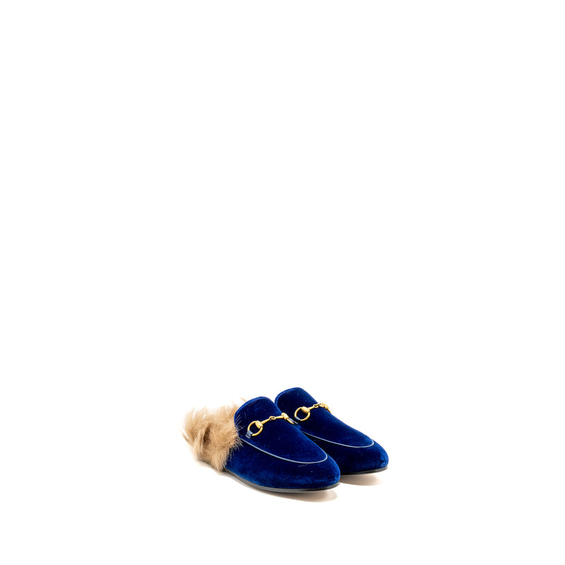 Gucci Size 36.5 Horsebit Princetown Fur Slipper Velvet Blue GHW