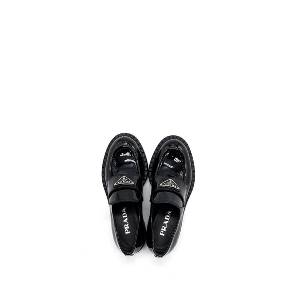 Prada Size 34.5 Loafers Patent Black SHW