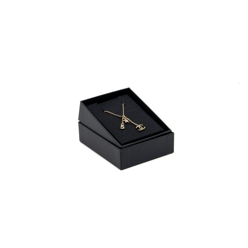 Chanel No.5/Star/CC Logo Dropped Crystal Necklace Light Gold Tone