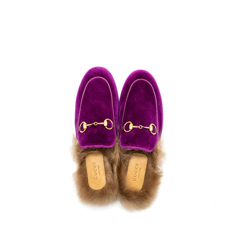 GUCCI Size 35 Horsebit Princetown Fur Slipper Velvet Purple GHW