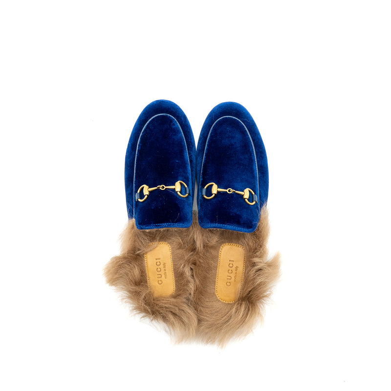 Gucci Size 36.5 Horsebit Princetown Fur Slipper Velvet Blue GHW