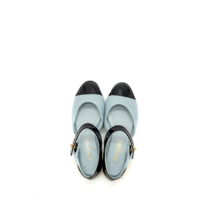 Chanel 21k Size 38 Ballerinas Flat Shoes Tweed/Patent Calfskin Light Blue/ Black GHW