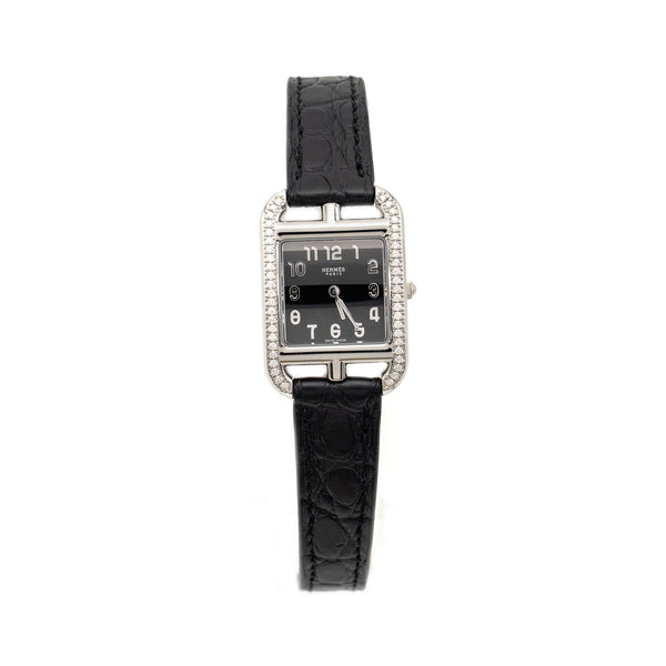 Hermes Cape Cod Watch Small Model 31mm Steel Case with Diamonds, Alligator Black Strap