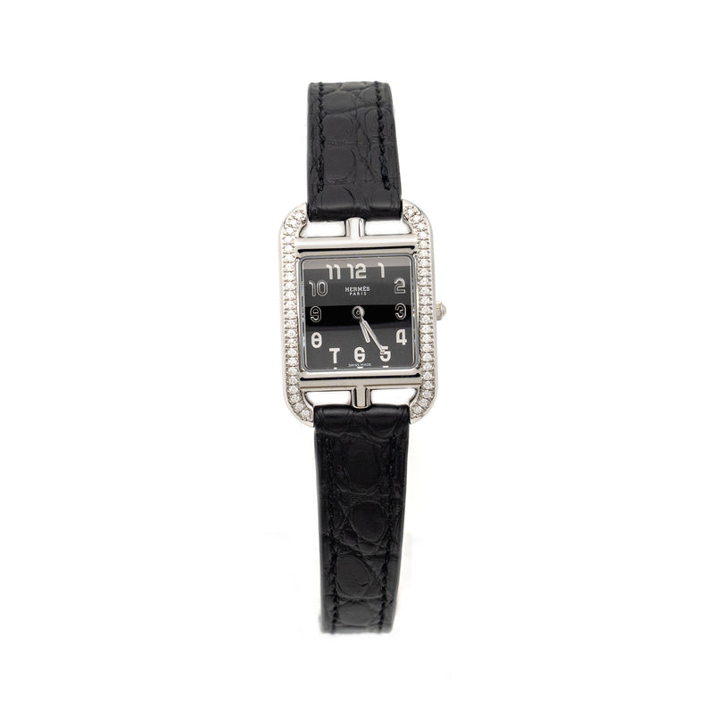 Hermes Cape Cod Watch Small Model 31mm Steel Case with Diamonds, Alligator Black Strap