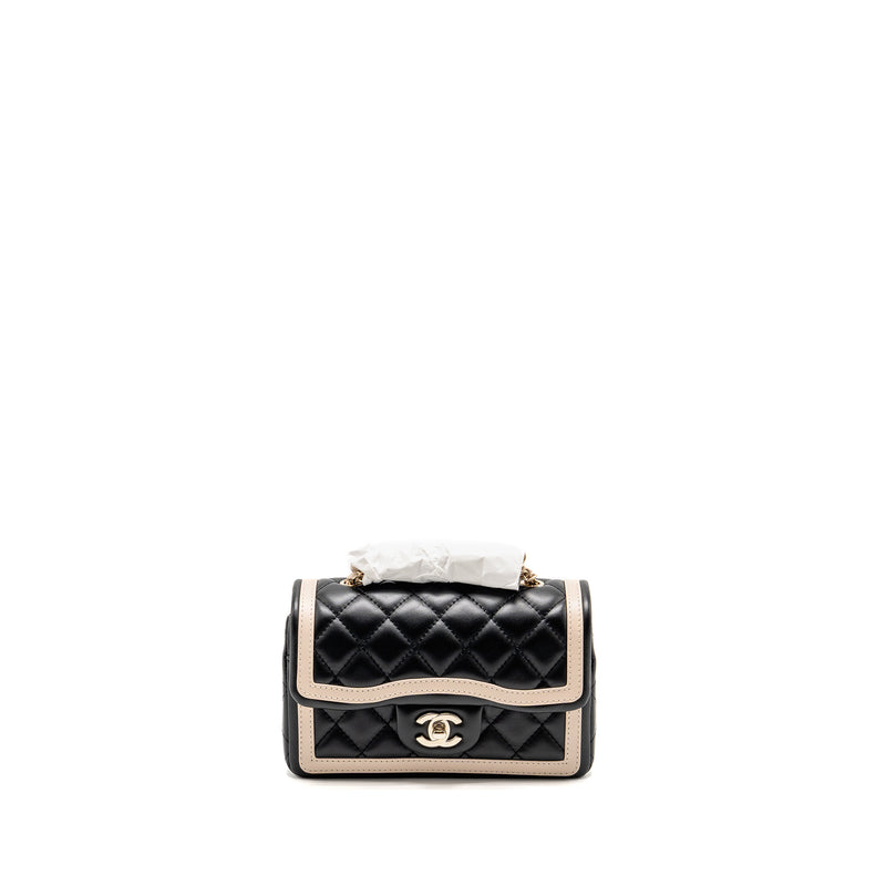 Chanel 23B Quilted Mini Rectangular Flap Bag Lambskin Black/Beige LGHW (Microchip)