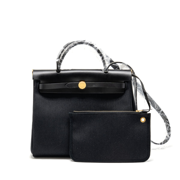 Hermes Herbag 31 Zip Bag Canvas/Hunter Leather Black GHW Stamp Z