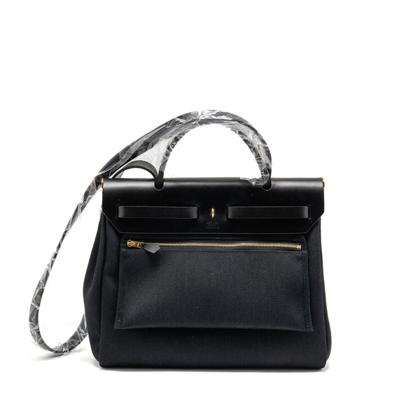 Hermes Herbag 31 Zip Bag Canvas/Hunter Leather Black GHW Stamp Z