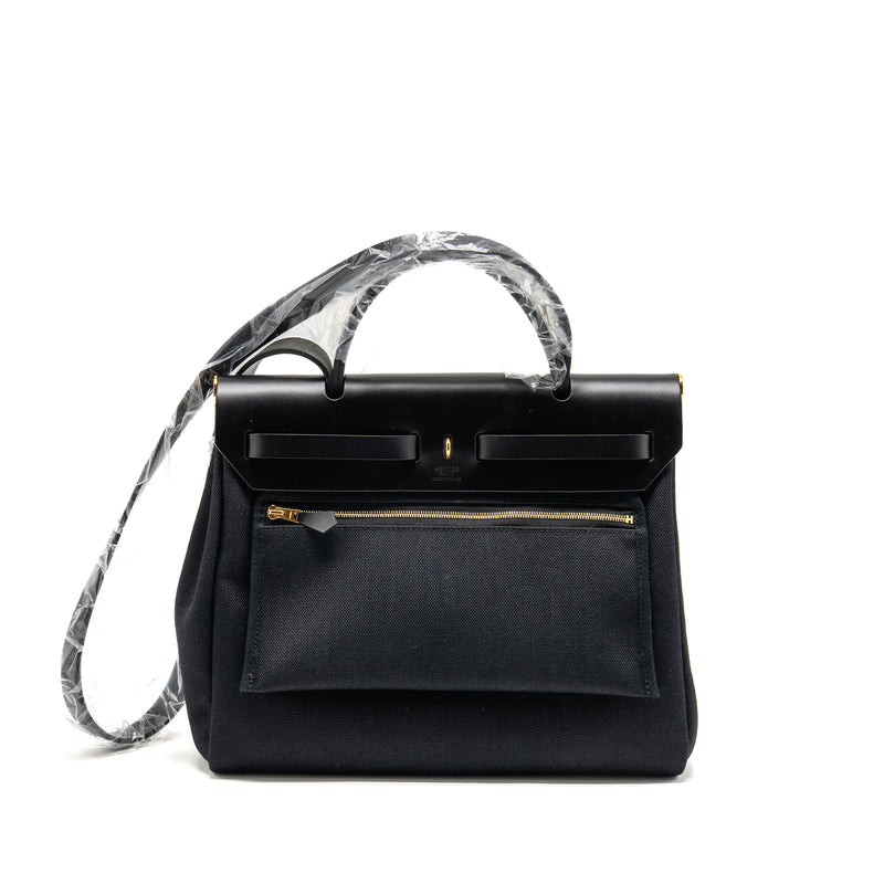 Hermes Herbag 31 Zip Bag Canvas/Hunter Leather Black GHW Stamp Z