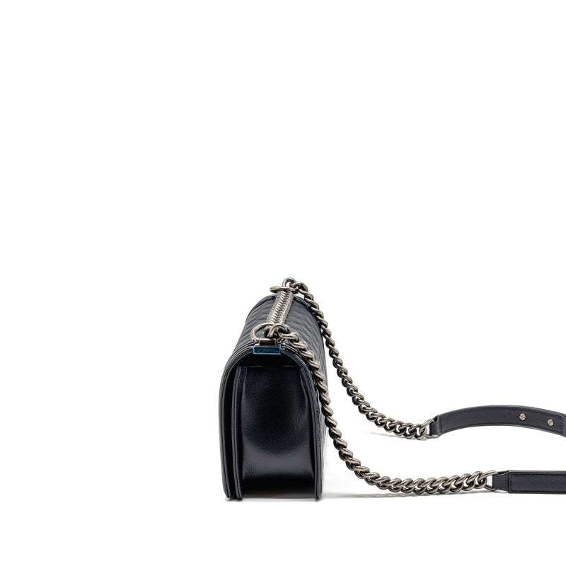 Chanel Medium Boy Bag Grained Calfskin Navy Ruthenium Hardware