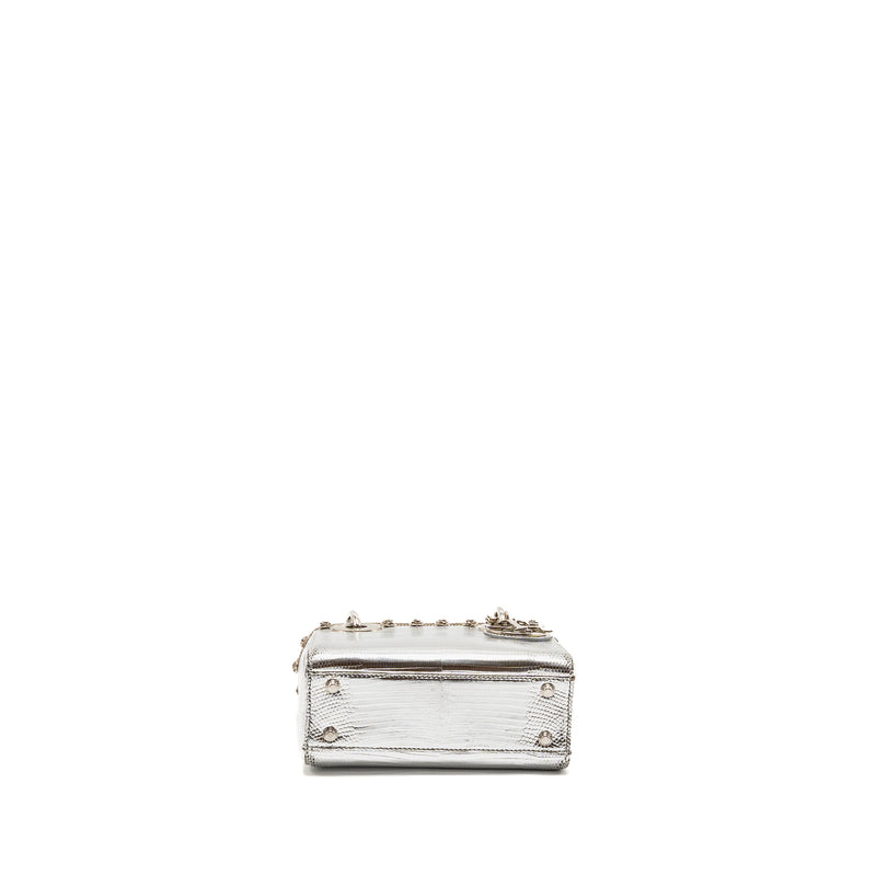 Dior Mini Lady Dior Flower Studded Metal Handle Lizard Silver SHW