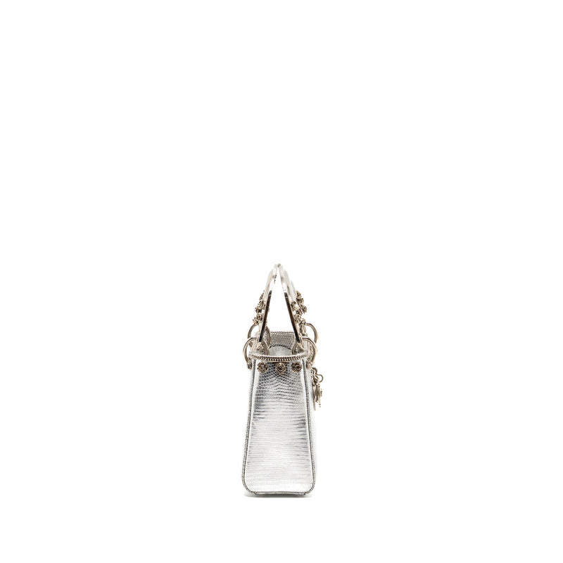 Dior Mini Lady Dior Flower Studded Metal Handle Lizard Silver SHW