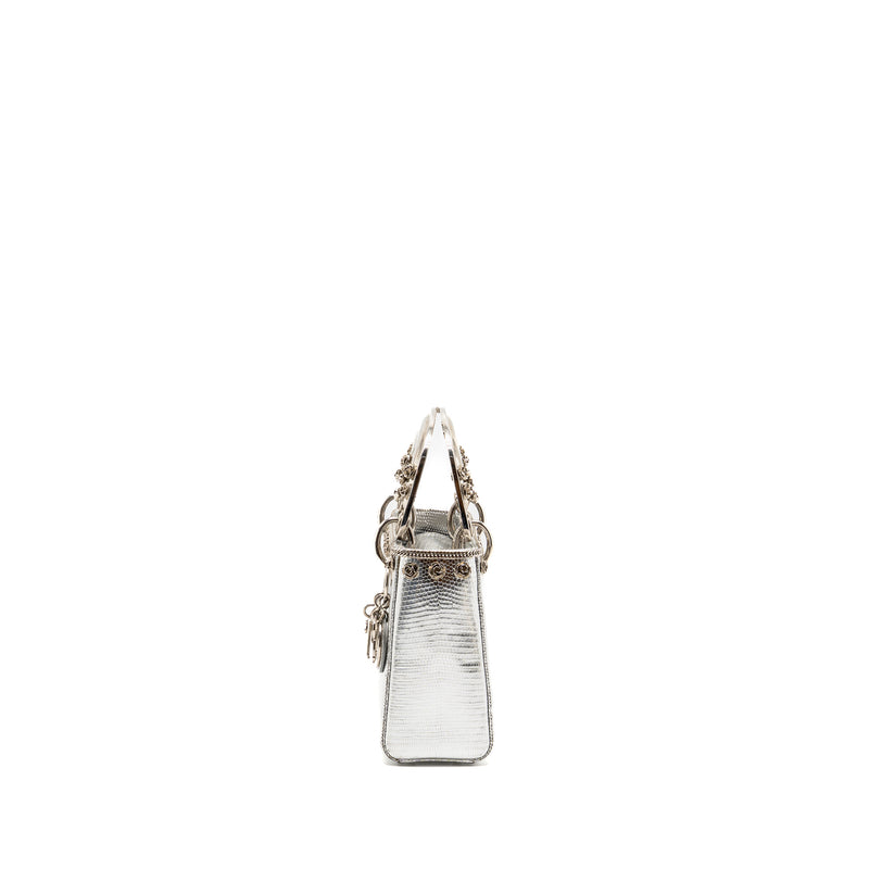 Dior Mini Lady Dior Flower Studded Metal Handle Lizard Silver SHW