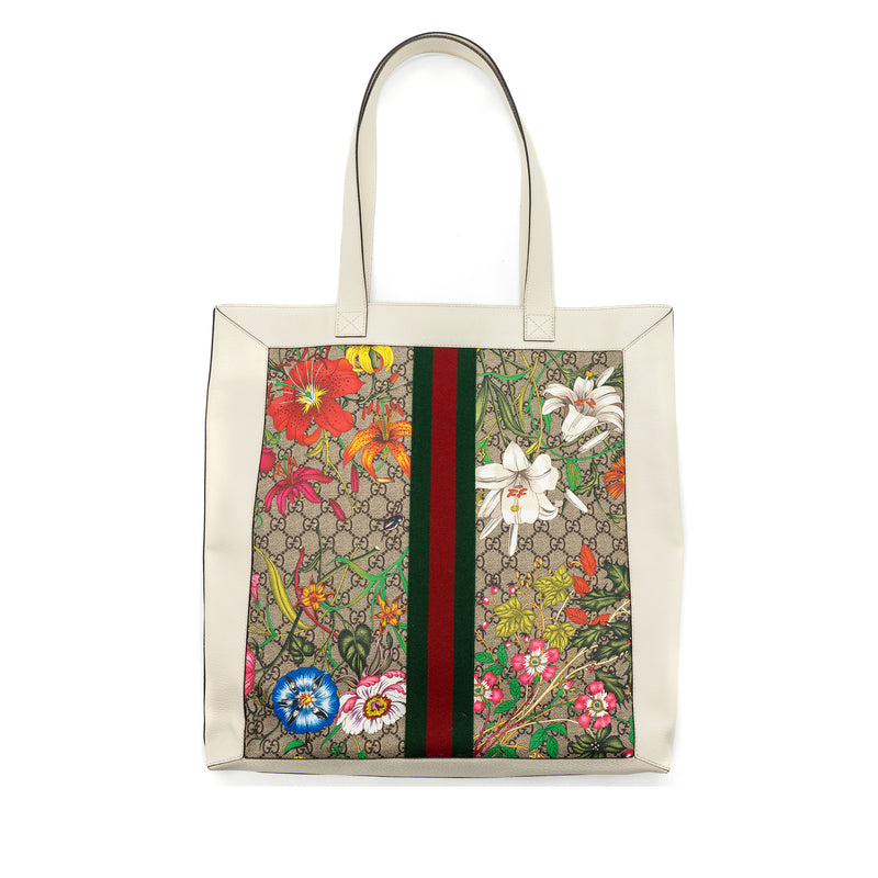 GUCCI OPHIDIA GG LEATHER TRIMMED Flora PRINTED COATED CANVAS TOTE Mulitcolour GHW