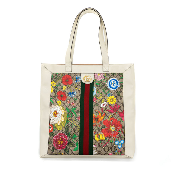 GUCCI OPHIDIA GG LEATHER TRIMMED Flora PRINTED COATED CANVAS TOTE Mulitcolour GHW