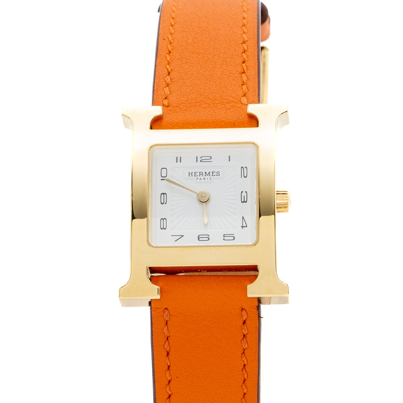 Hermes Heure H WATCH, small model 25mm yellow gold with orange swift strap