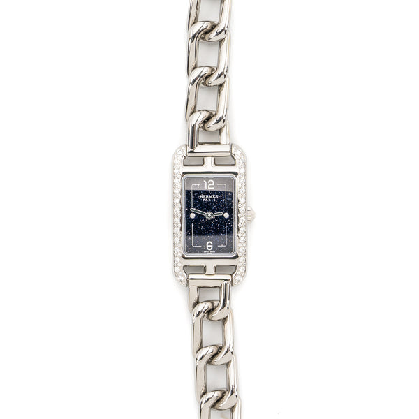 Hermes Nantucket watch, Small model, 29 mm diamond-set aventurine dial, steel bracelet