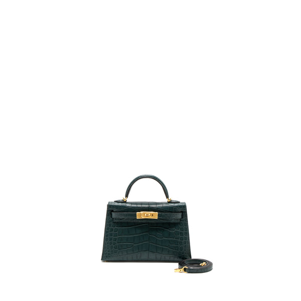 Hermes Mini Kelly II Alligator Mississippiensis Matte 6O Vert Cypres GHW Stamp U